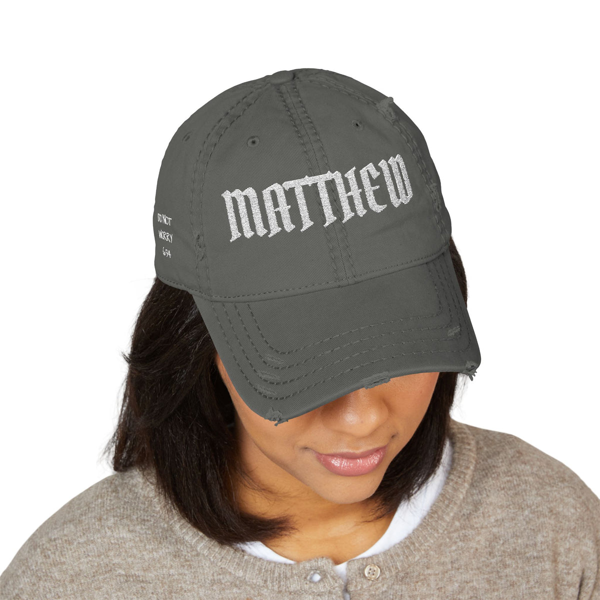 Matthew 6:34 Distressed Embroidered Dad Hat